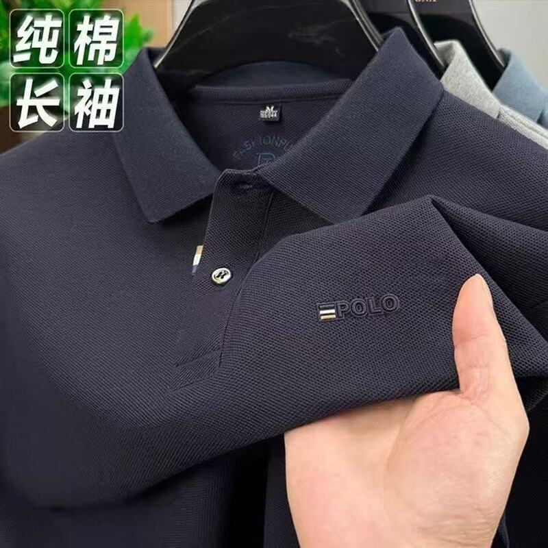 厂家秋季新款100纯棉长袖polo衫男中年商务休闲宽松印花翻领T恤男|undefined