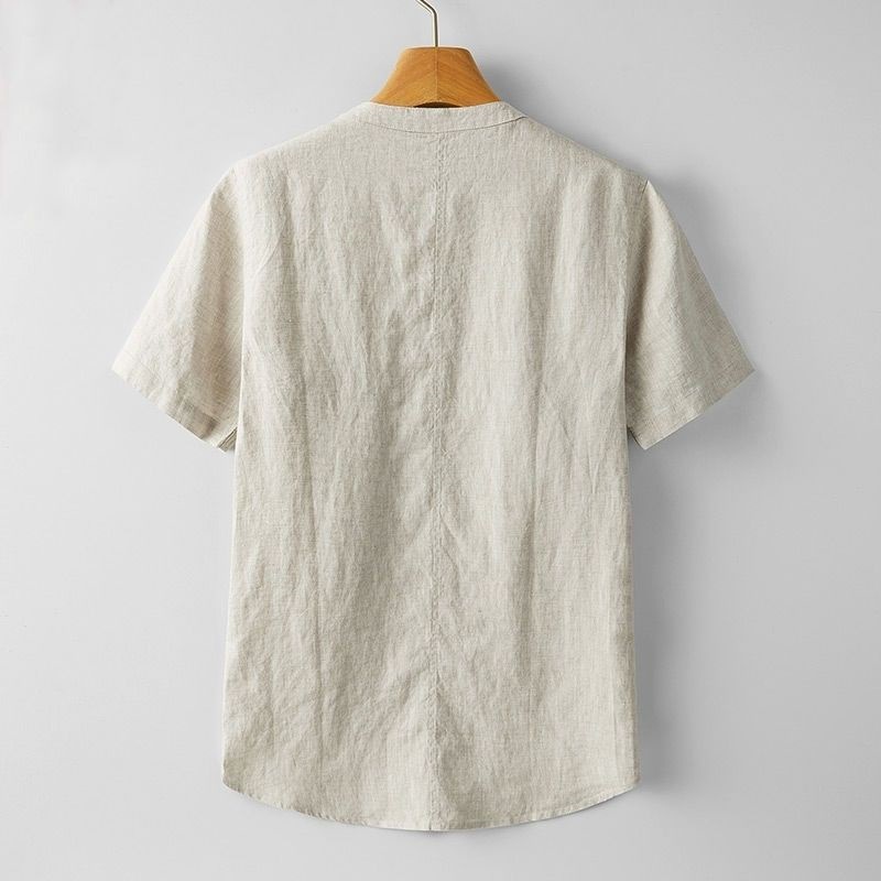 2025 Summer Thin Men's Cotton and Linen Casual Collar Short-sleeved T-shirt Loose Casual Short-sleeved Pullover Linen Shirt