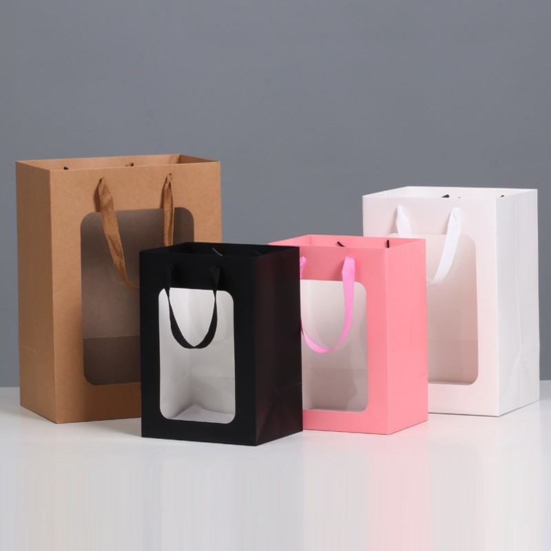Skylight Window Handbag Transparent Flowers Christmas Gift Bag Paper Bag Wholesale Hand Gift Gift Bag Window Opening