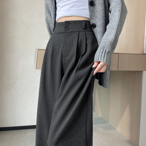 Ankerla Red Wool Blend Wide Leg Pants for Women Autumn/Winter High-Waisted Drape Melange Outfit for Petite Women Straight Leg Floor-Length Pants
