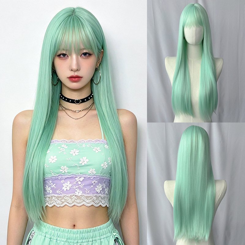 Ebay Japanese and Korean Cross-Border Hot-Selling Wigs for Girls, Mint Green, Straight Long Hair with Bangs, Synthetic Fiber Full Wigs, Wholesale from Manufacturer Ebay Japanese and Korean Cross-Border Hot-Selling Wigs for Girls, Mint Green, Straight Long Hair with Bangs, Synthetic Fiber Full Wigs, Wholesale from Manufacturer