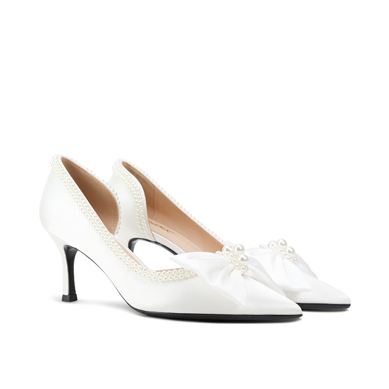 Cross-Border White Satin Ultra-High Heel Pearl Bow Pointed Toe High Heels Elegant Stiletto Shoes Wedding Banquet Evening Shoes