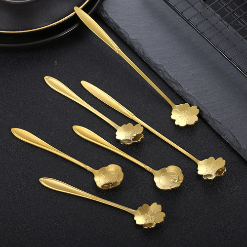 Souvenir stainless steel spoon, creative coffee spoon, stainless steel cherry blossom gold long flower spoon, dessert mixing spoon