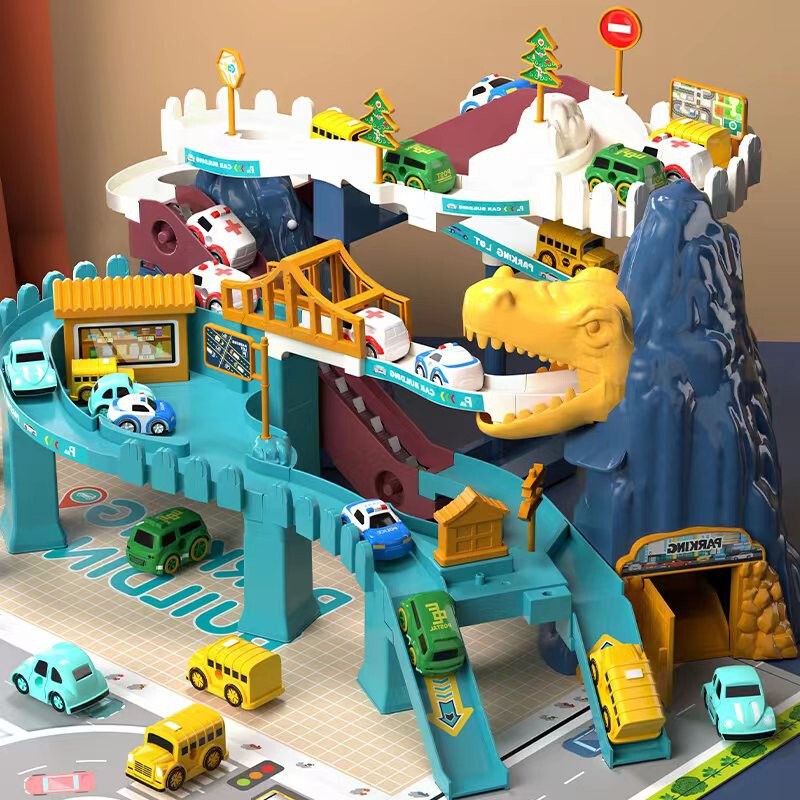 Children's car breakthrough adventure parking lot building electric roller coaster Dinosaur Mountain Road rail car toy