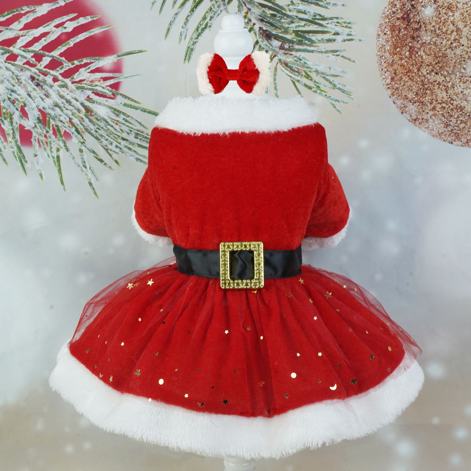 Ropa para mascotas Navidad tela de terciopelo dorado Santa Claus vestido rojo falda malla con anillo pelo