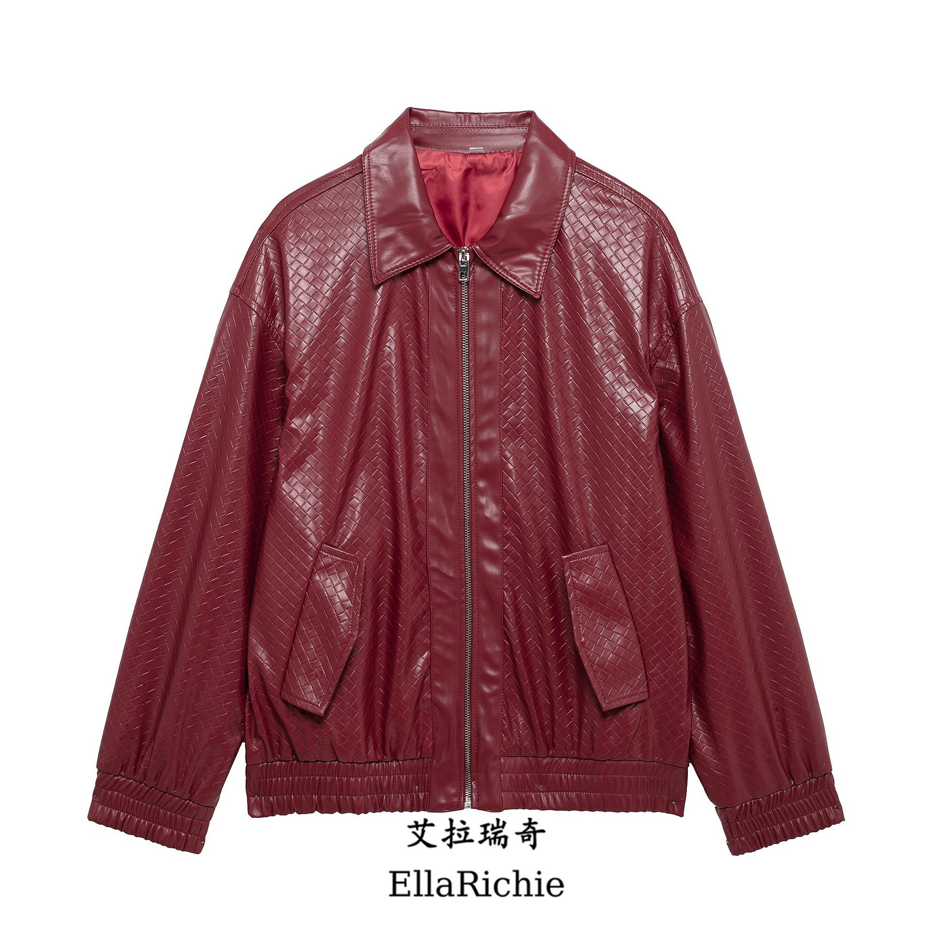 2025 Cross-Border Women's European and American Style Retro Artificial Woven Leather Bomber Jacket Loose Jacket