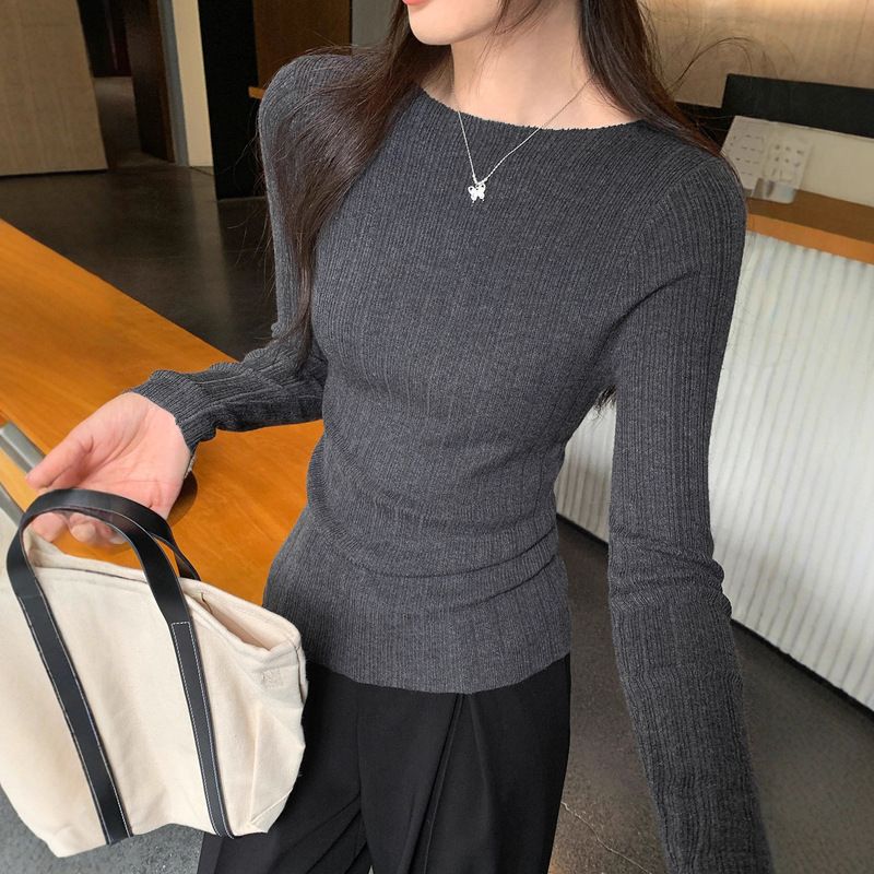 高级感灰色针织毛衣女2025秋季新款韩系修身显瘦打底衫内搭小上衣|undefined