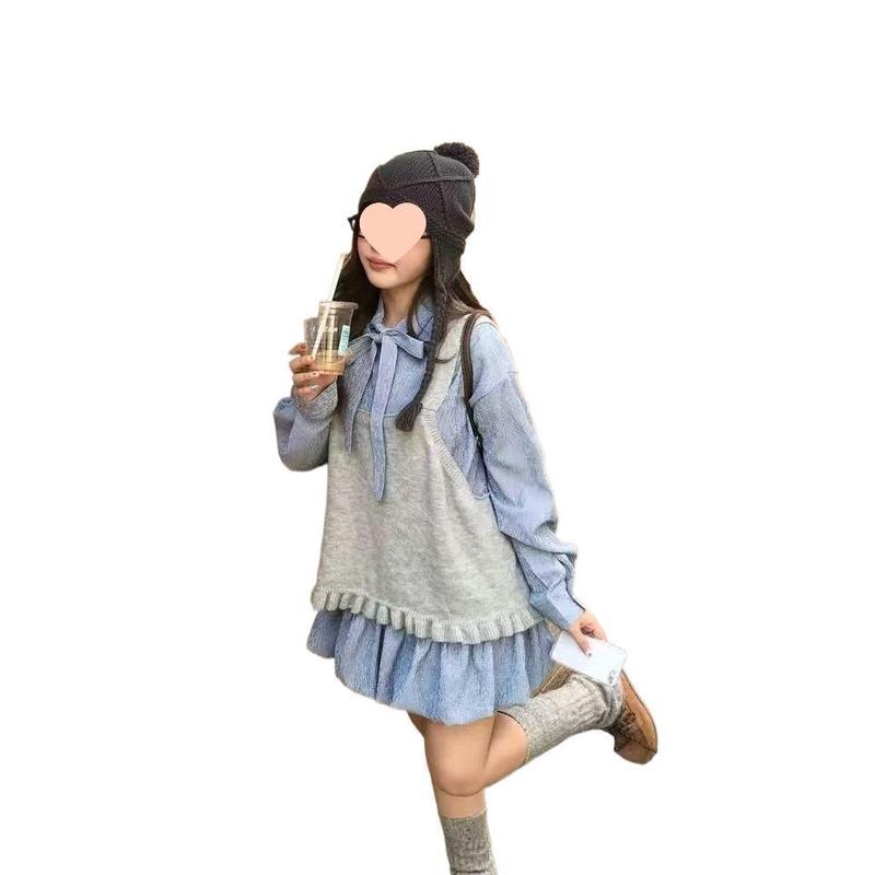 韩系复古格子蝴蝶结系带衬衫裙显瘦花苞裙女背心甜美套装秋季纽扣|undefined