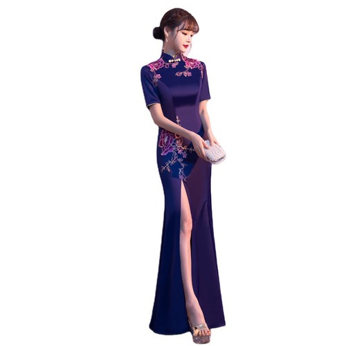 Women Purple chinese dresses qipao dresses Show cheongsam season retro show long dress performs fishtail cheongsam