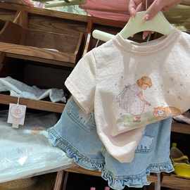 女童套装夏款24韩版童装儿童休闲卡通T恤短袖花边牛仔短裤两件套