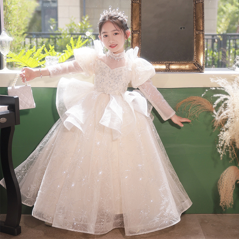 Prinzessinnenkleid für Mädchen, langärmelig, aus Baumwolle und Polyester, ideal für Blumenmädchen, Hochzeiten, Modenschauen, Klavierauftritte, geeignet für Kinder von 0-24 Monaten_voghion.com