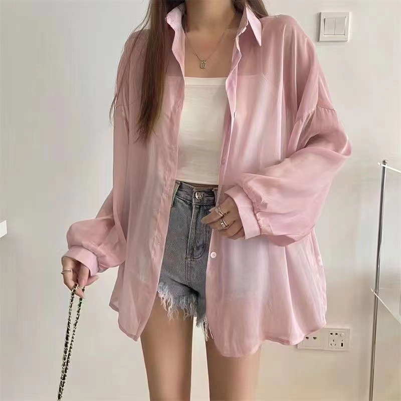 Hilo de perlas de diseño delgado micro-transparente de manga larga abrigo protección solar camisa Alibaba red al por mayor 1688