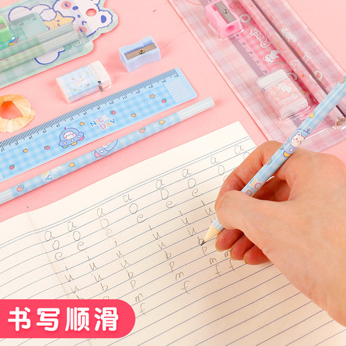 Pencil set for students, HB pencil, eraser, pencil sharpener, ruler, 5-piece stationery set, children's school supplies