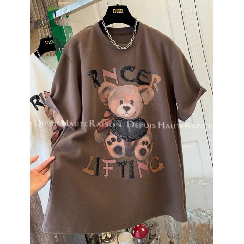 Camiseta de manga corta con estampado de oso, estilo europeo, cepillada y engrosada, para mujer, nueva colección otoño/invierno 2026, top adelgazante de talla grande con media manga. image 9