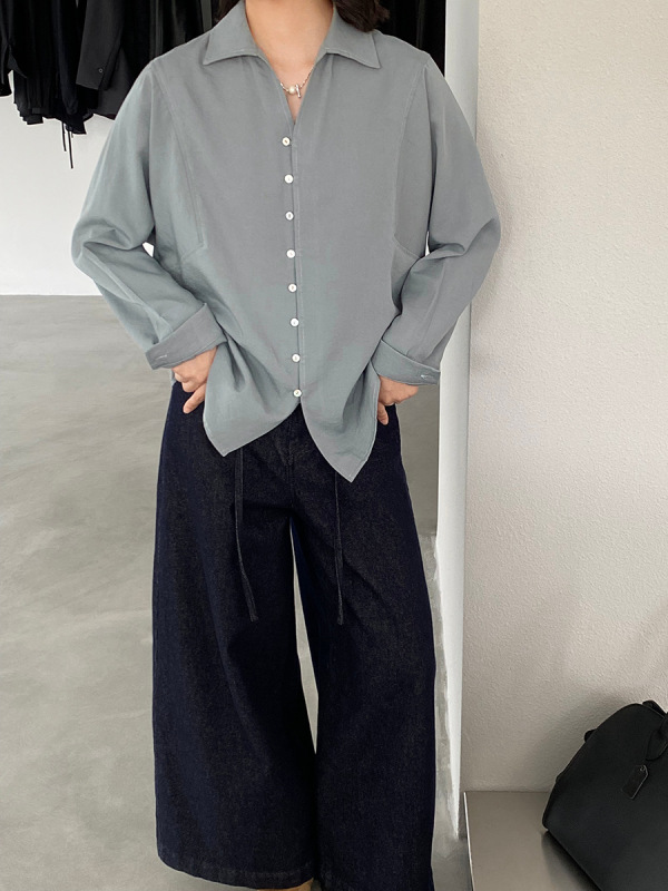 江左 韩系长袖贝壳扣纯色女式衬衫女2025设计感气质叠穿衬衣 6339|undefined