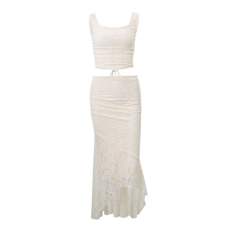 Elegantes Damen Set Mit Gerafftem Top Und Rock Im Spitzen Design_voghion.com