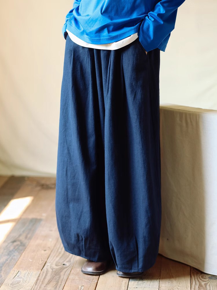 秋冬新款深蓝色加厚苎麻棉全腰松紧抽绳宽松文艺棉麻阔腿裤长裤女