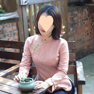 Cotton and Linen Daily Pink Girl Tang Suit Cheongsam Spring Long-Sleeved Sweet Slim Women's Top Short Style