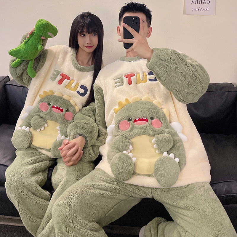 Couple Pajamas for Women Thickeneded Coral Velvet Autumn and Winter Cartoon Dinosaur Boys and Girls Warm Flannel Round Neck Home Clothes