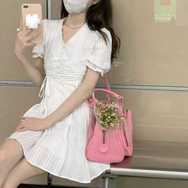 韩版蕾丝白色连衣裙女装夏季2024新款抽绳桔梗裙显瘦小个子短代发
