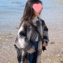 女童毛呢大衣新冬季儿童韩版中长款洋气格子风衣加厚毛呢外套