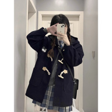 秋冬季牛角扣日系毛呢外套女学院风小个子中长款学生连帽呢子大衣