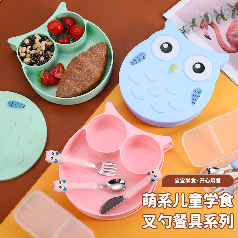 Creative Kidsren's Stainless Steel Tableware Knife, Fork and Spoon Kindergarten Baby Cartoon Fun Owl Compartment Lunch Box Set