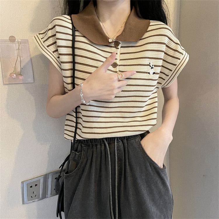 复古气质条纹翻领短袖T恤女夏季设计感小众减龄兔子刺绣针织上衣|undefined