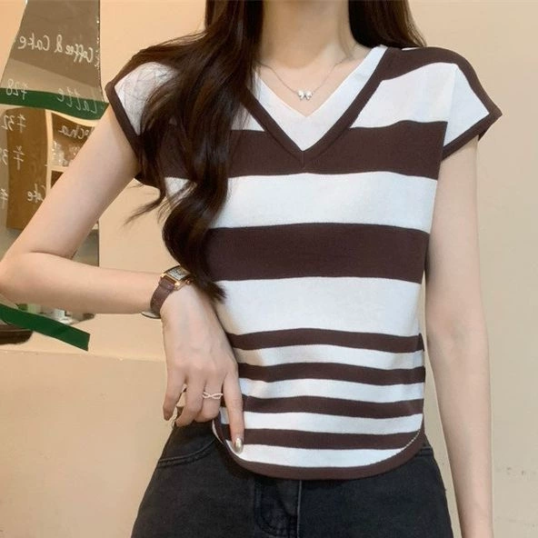 Женский летний трикотаж с v-образным вырезом и короткими рукавами, состоящий из двух частей, утягивающий топ в полоску для женщин
