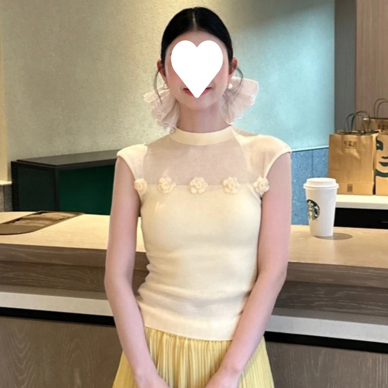 Francés tridimensional flor malla empalme chaleco de punto de seda de hielo amarillo para mujeres de verano vestida en el cuerpo delgado...