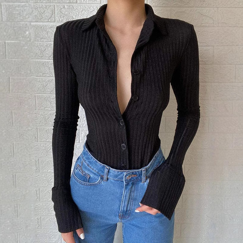 European and American Cross-Border Foreign Trade Women's Clothing Solid Color Slim-Fit Ribbed Knit Turn-Down Collar Shirt Versatile Sexy Chic Long