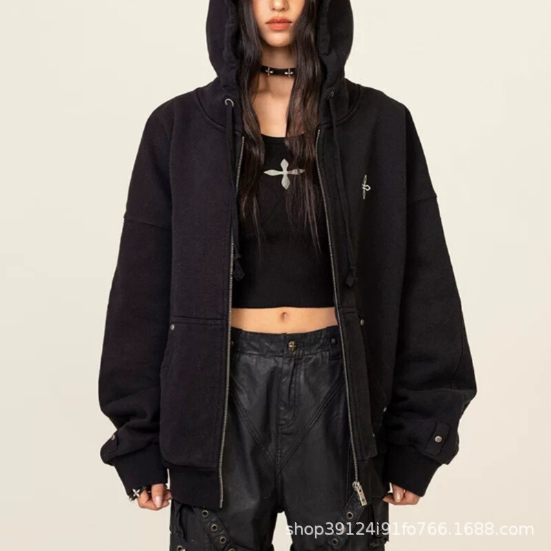 Smfk Cross Flower Classic Zipper Hoodie Pure Cotton Metal Rivets Loose Windproof Hooded Sweatshirt Jacket 2024