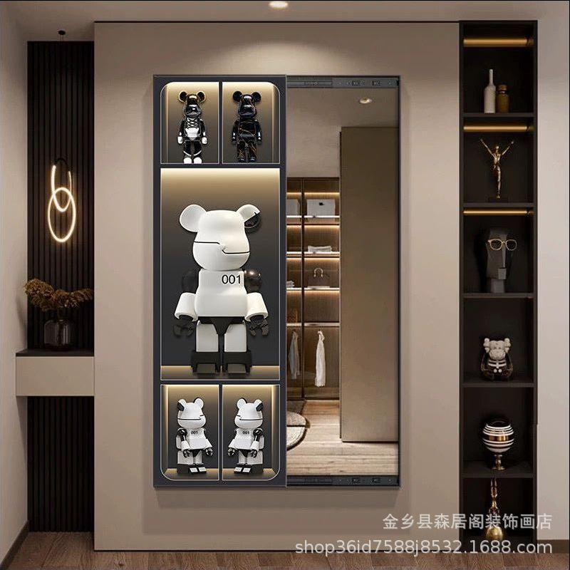 网红暴力熊卡通隐藏式全身推拉穿衣镜装饰画现代轻奢家用式镜子