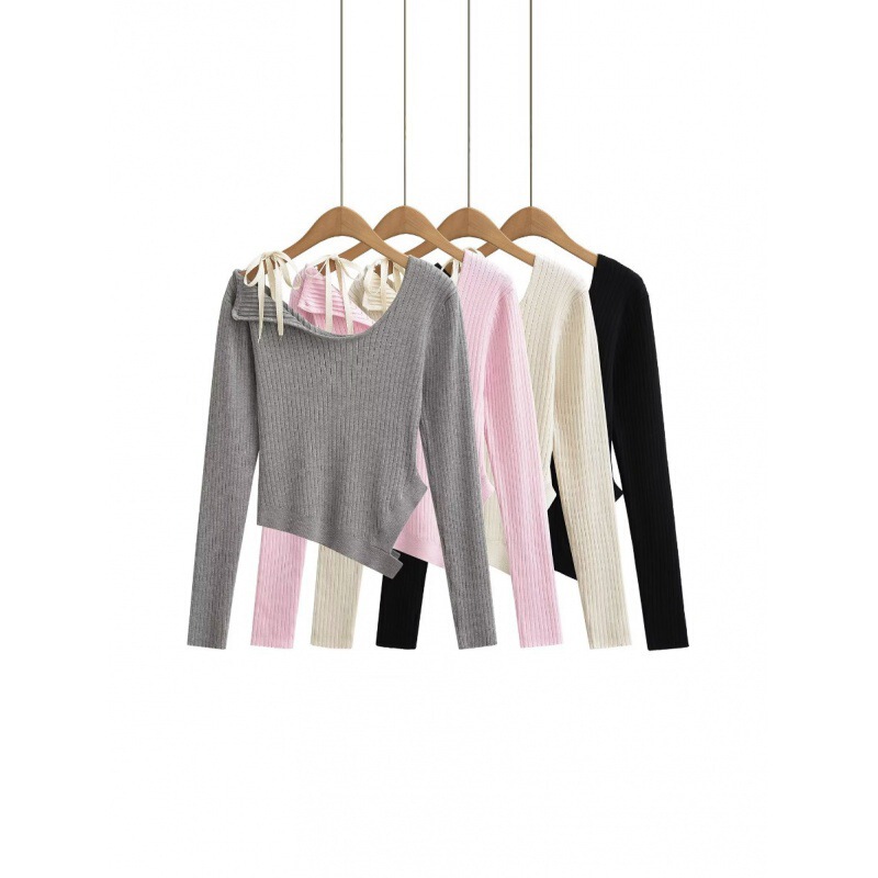 South Korea ins spring new shoulder bow asymmetric knitted long sleeve irregular hem top