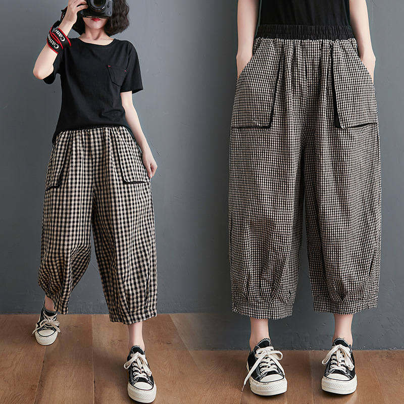 Literary Retro Cotton and Linen Plaid Cropped Pants Loose Large Size Bloomers for Women