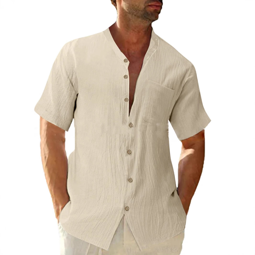 2022 Amazon deseo AliExpress hombres europeos y americanos de lino flojo cardigan color sólido casual stand collar camisa manga corta