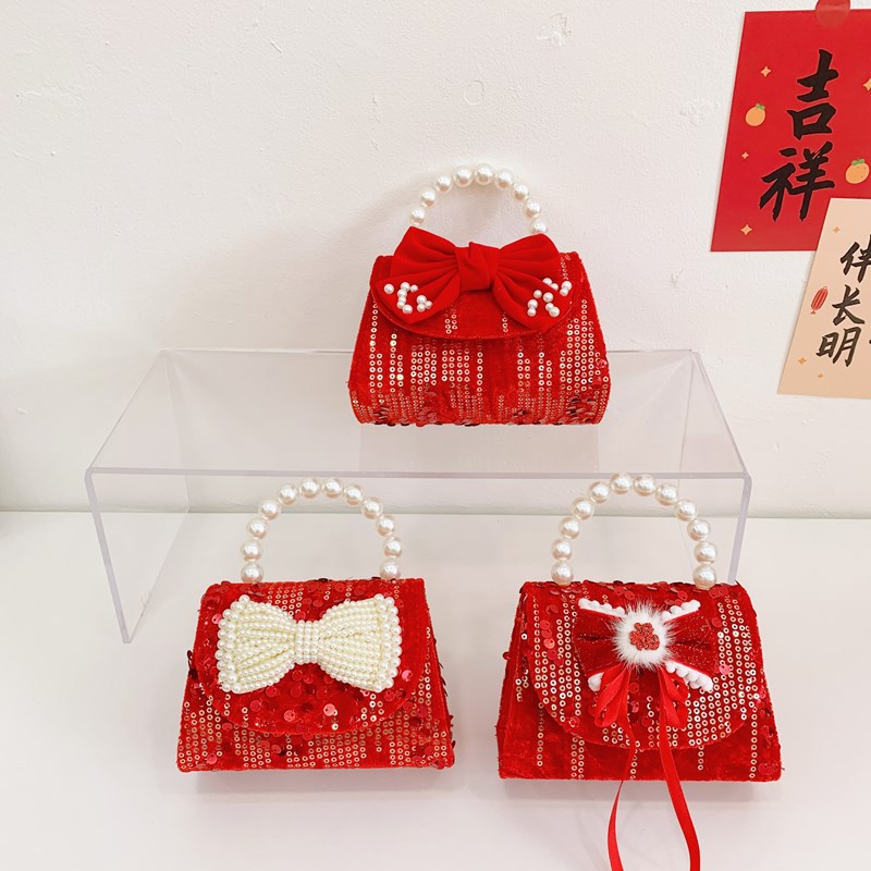 Perla bolsos de mano para niños, bolsos de niña, bolsos de niña dulce, bolsos de mano, bolsos de cambio de arco de Año Nuevo.