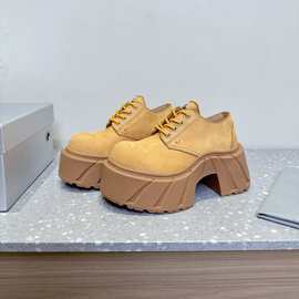 十字花棕色厚底时尚单鞋女大头牛皮小个子增高真皮德比鞋2025新款