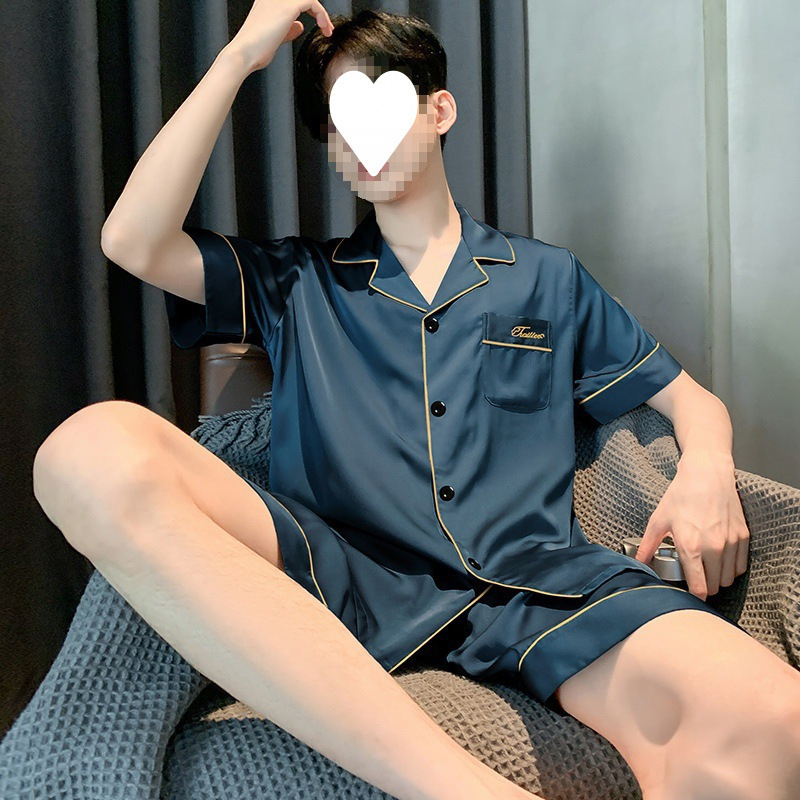 2025 新中国風メンズパジャマ夏のアイスシルク半袖ショーツ夏のシルク中国風ホーム服卸売|undefined