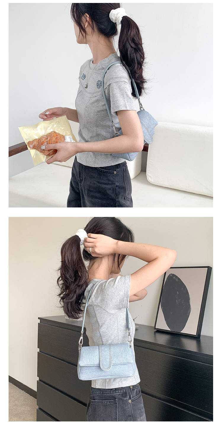 Nuova versione coreana del denim con effetto invecchiato di alta qualità, spalla singola da donna, design di nicchia, ascella in pelle PU_voghion.com