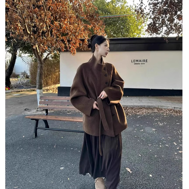 2025 New Autumn and Winter Stand-Up Collar Wool Cashmere Double-Sided Woolen Short Outwear Design Outwear Women's Belt Outwear