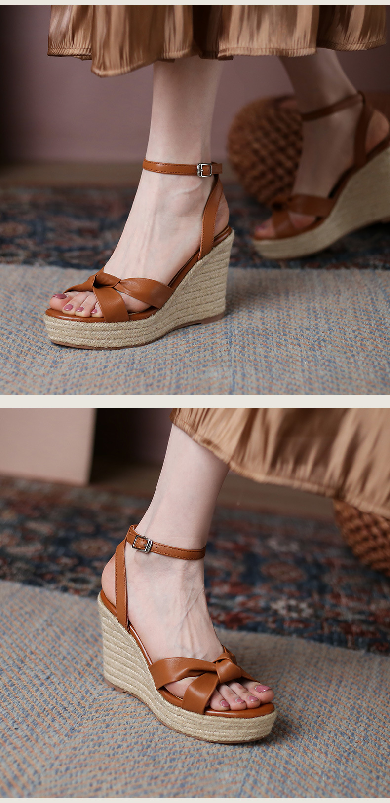Sandal cao gót nữ hở mũi phong cách retro, đế xuồng cói kết hợp dây thừng gai dầu, gót 9.5 cm — nâu chi tiết 7
