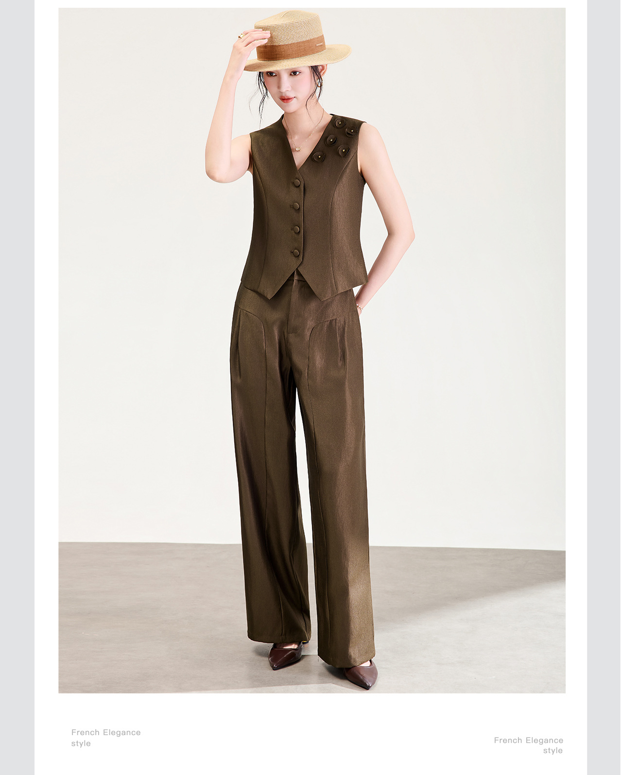 Bộ áo gile và quần ống rộng nữ phối vải linen pha tencel mát mẻ — Màu cà phê chi tiết 9