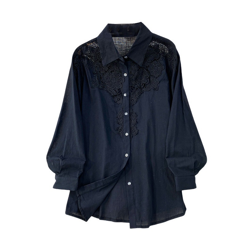Women's Floral Collared Shirt Breathable Lace Top mid Length Cardigan Coat Casual Style Sun Protection Gentle Hollowed out for Spring And Autumn_ecoleips.com