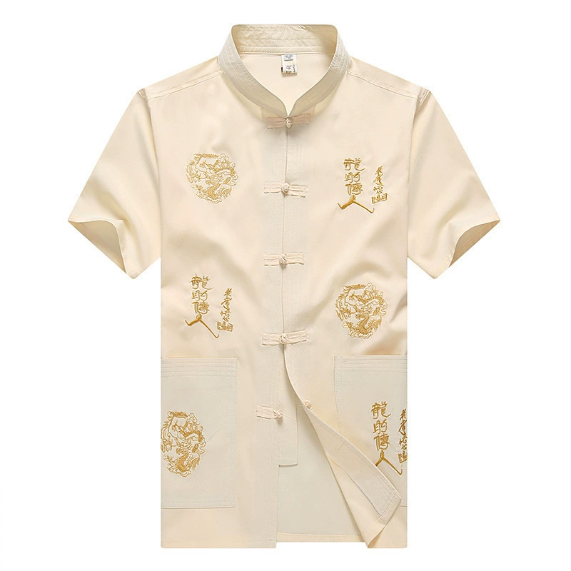 Мужской летний кардиган в китайском стиле из хлопка, повседневная одежда, ретро-костюм с вышивкой дракона, этническая одежда в стиле Тан для мужчин среднего возраста