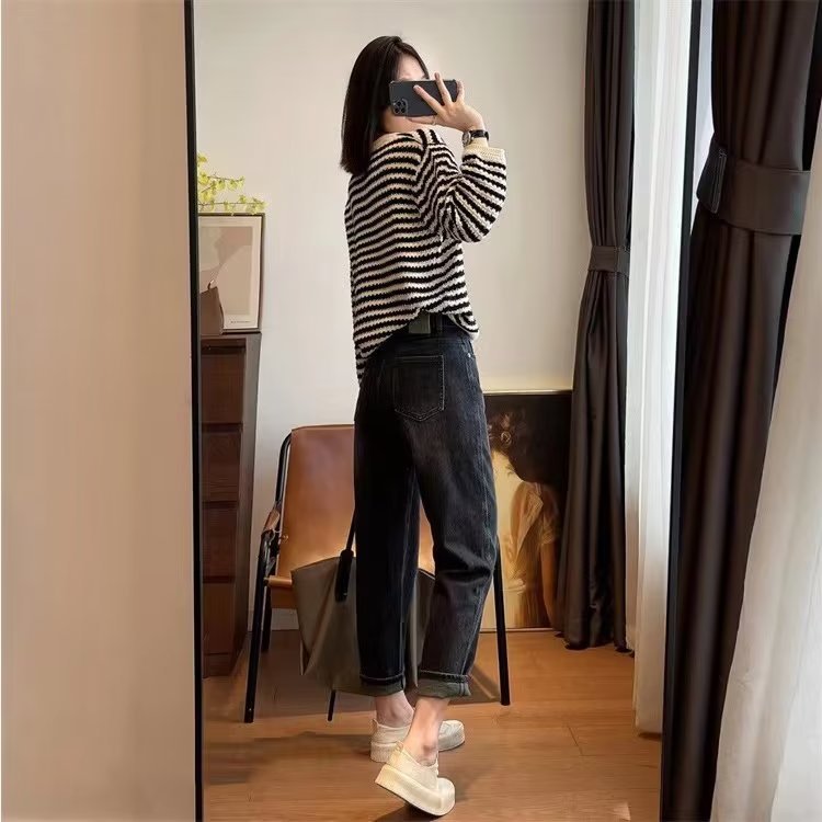 대조적 인 HARLAN JEANS 여성의 2024 년 봄과 가을 새로운 높은 허리 느슨한 슬리밍 작은 플러스 사이즈 탄성 토레 바지