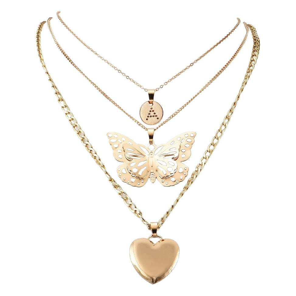 Collar de disco metálico multicapa, estilo minimalista, con colgante de corazón y mariposa - Cross-border image 1