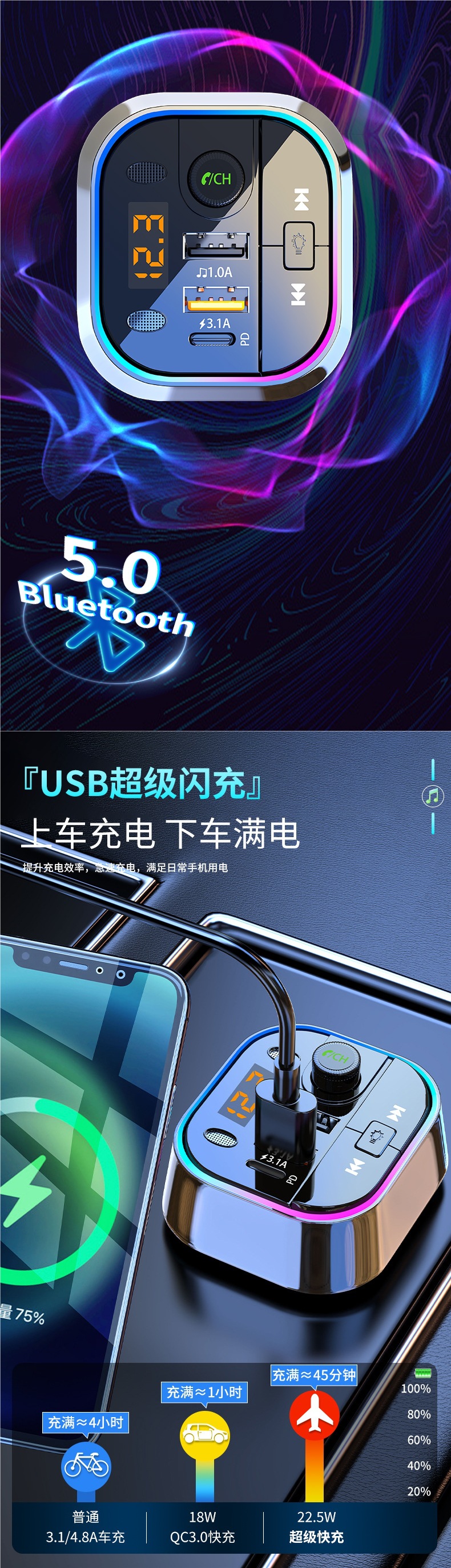 Multifunctional Ambient Light Car Bluetooth Charger Super Fast Charging Car Apple Car Cigarette Lighter Adapter