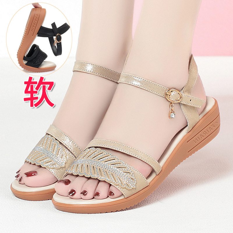 Sandal nữ đế bệt da bò mềm chống trượt size lớn — màu đen