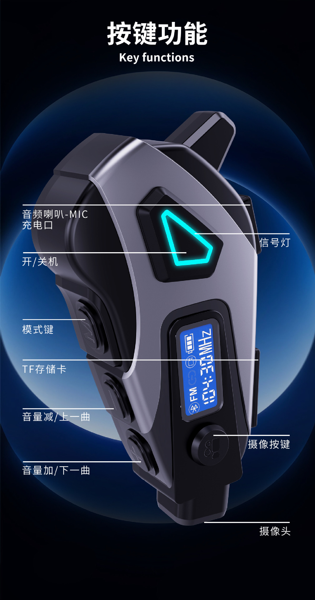 K10 Helmet Bluetooth Headset with Dvr Recording, Fm Radio, Voice Assistant, Noise Reduction, Waterproof, Long Battery Life